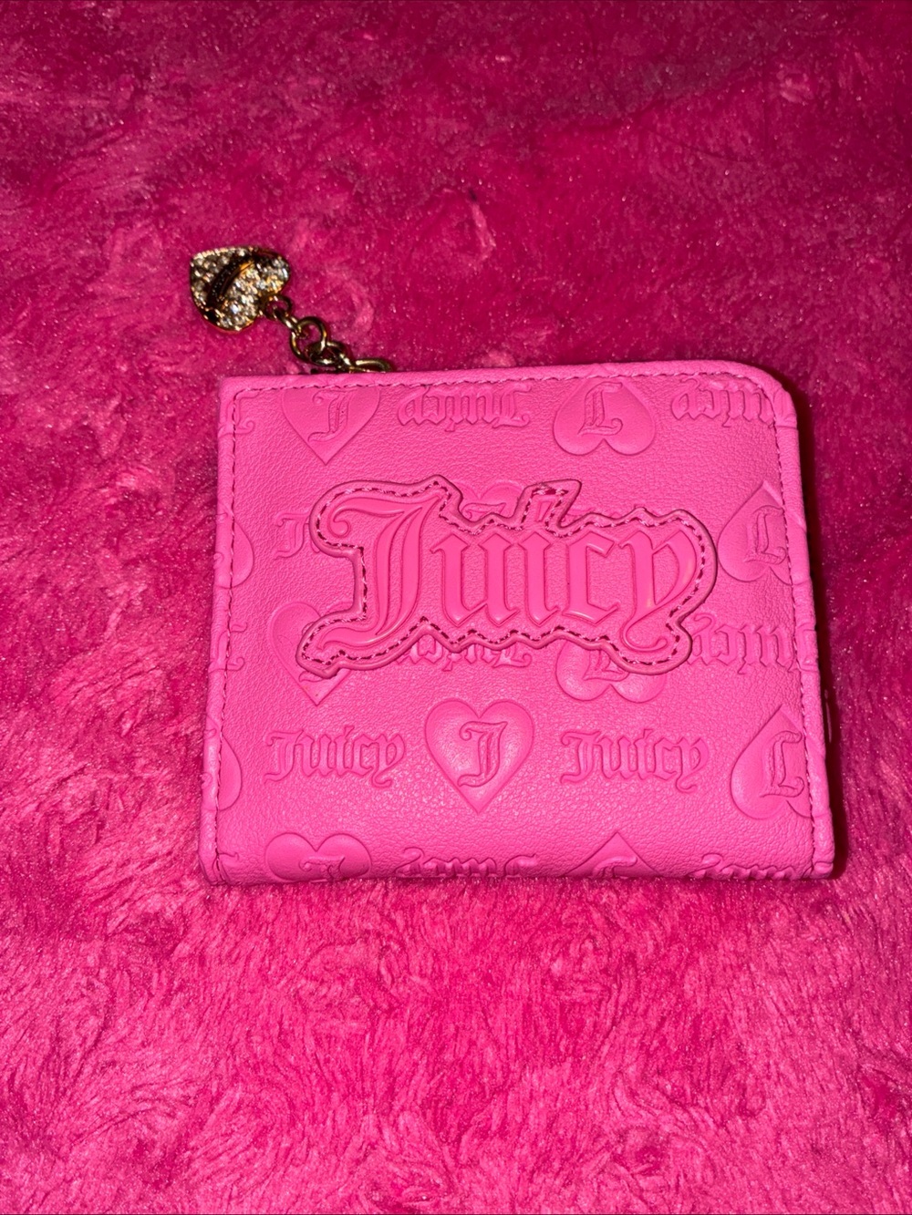 Juicy Couture Hot Pink Embossed Zip Card Holder with Heart Charm